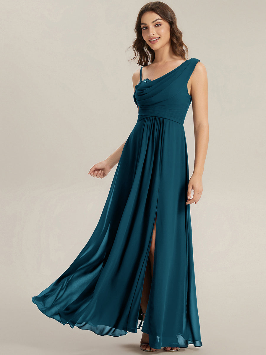 Bodenlanger Asymmetrischer A-Linien Chiffonkleid Mit Pailletten Hohem Schlitz Cowl Neck Kleid #Farbe_Petrol