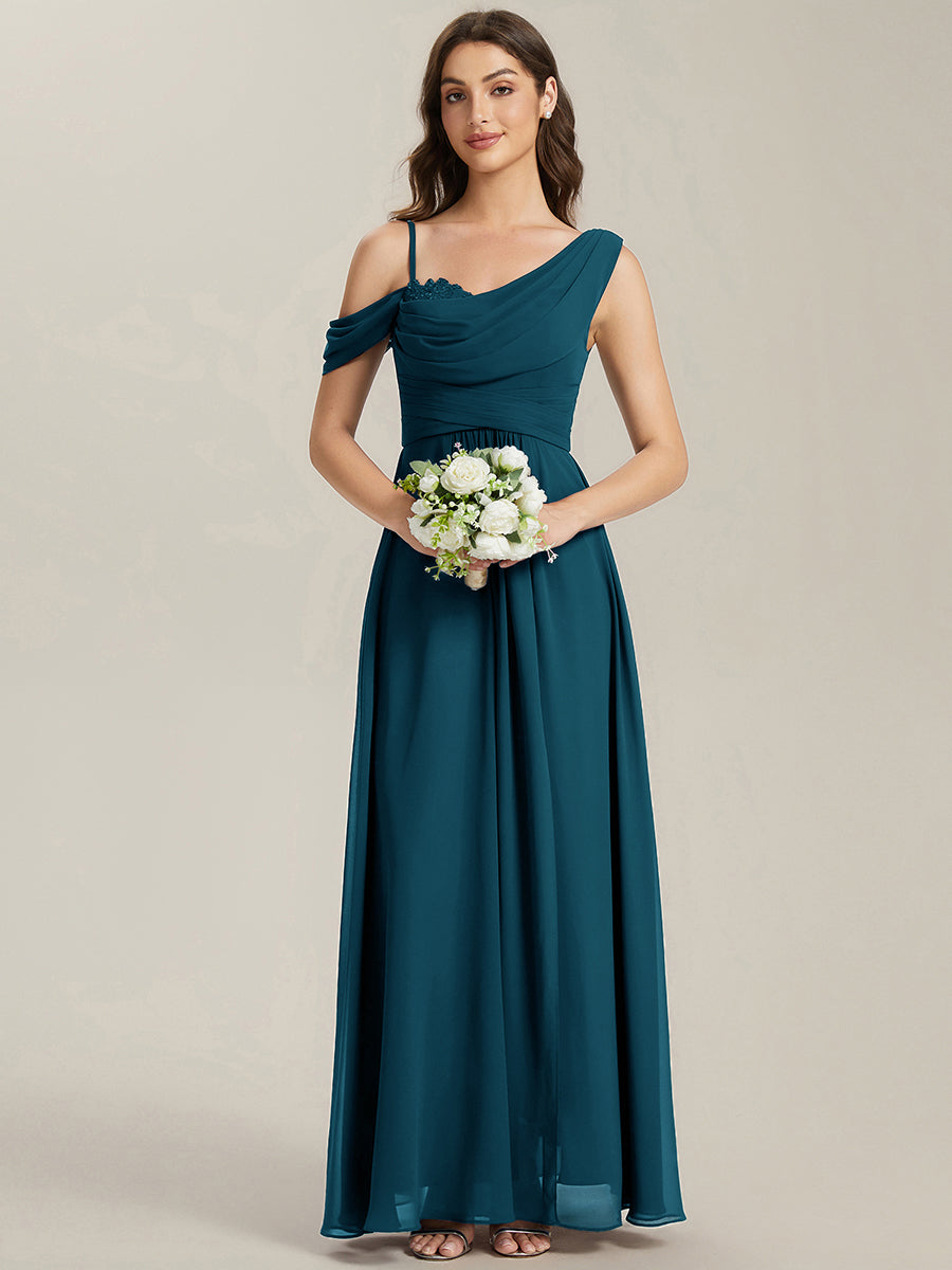 Bodenlanger Asymmetrischer A-Linien Chiffonkleid Mit Pailletten Hohem Schlitz Cowl Neck Kleid #Farbe_Petrol