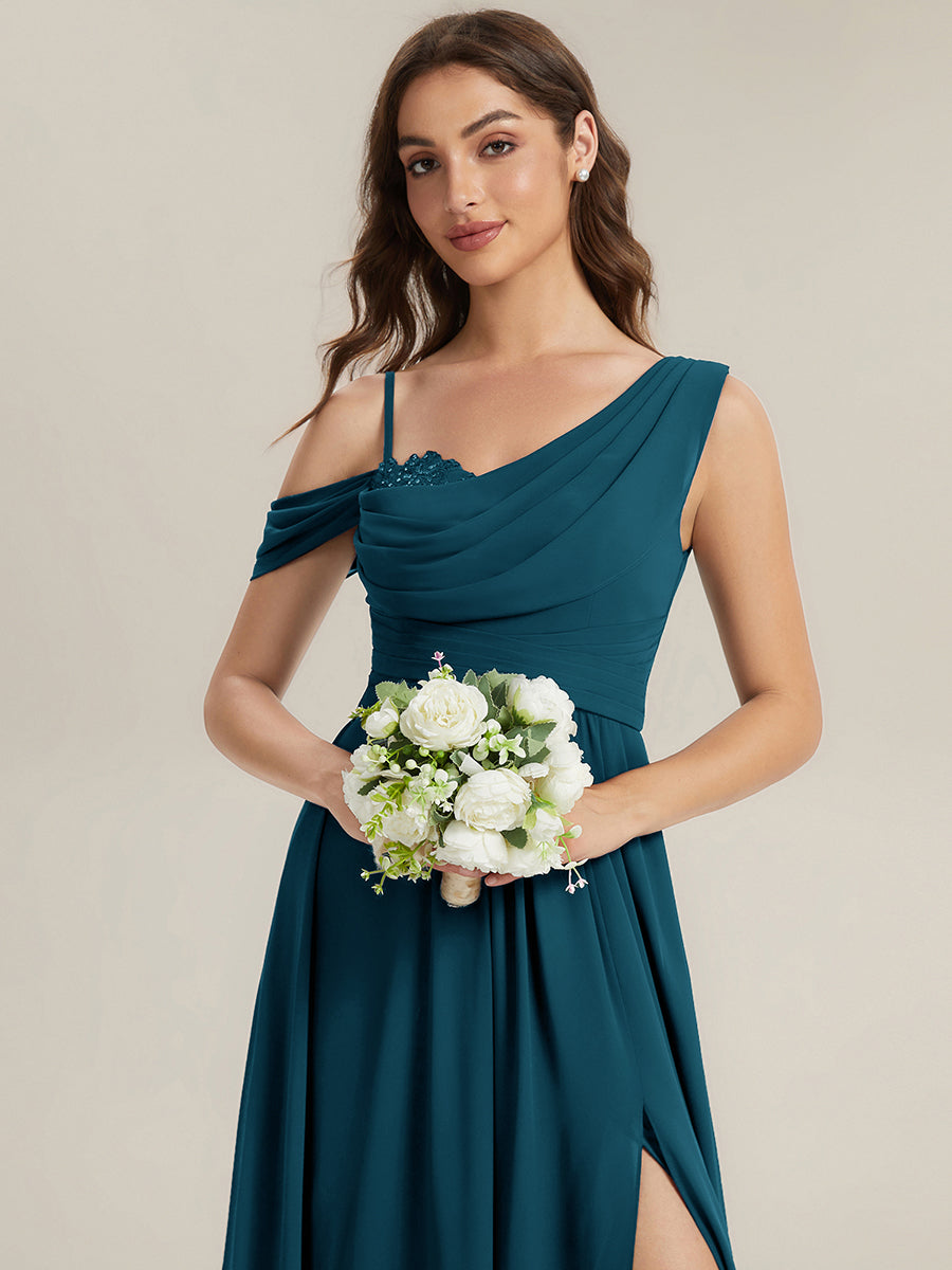Bodenlanger Asymmetrischer A-Linien Chiffonkleid Mit Pailletten Hohem Schlitz Cowl Neck Kleid #Farbe_Petrol