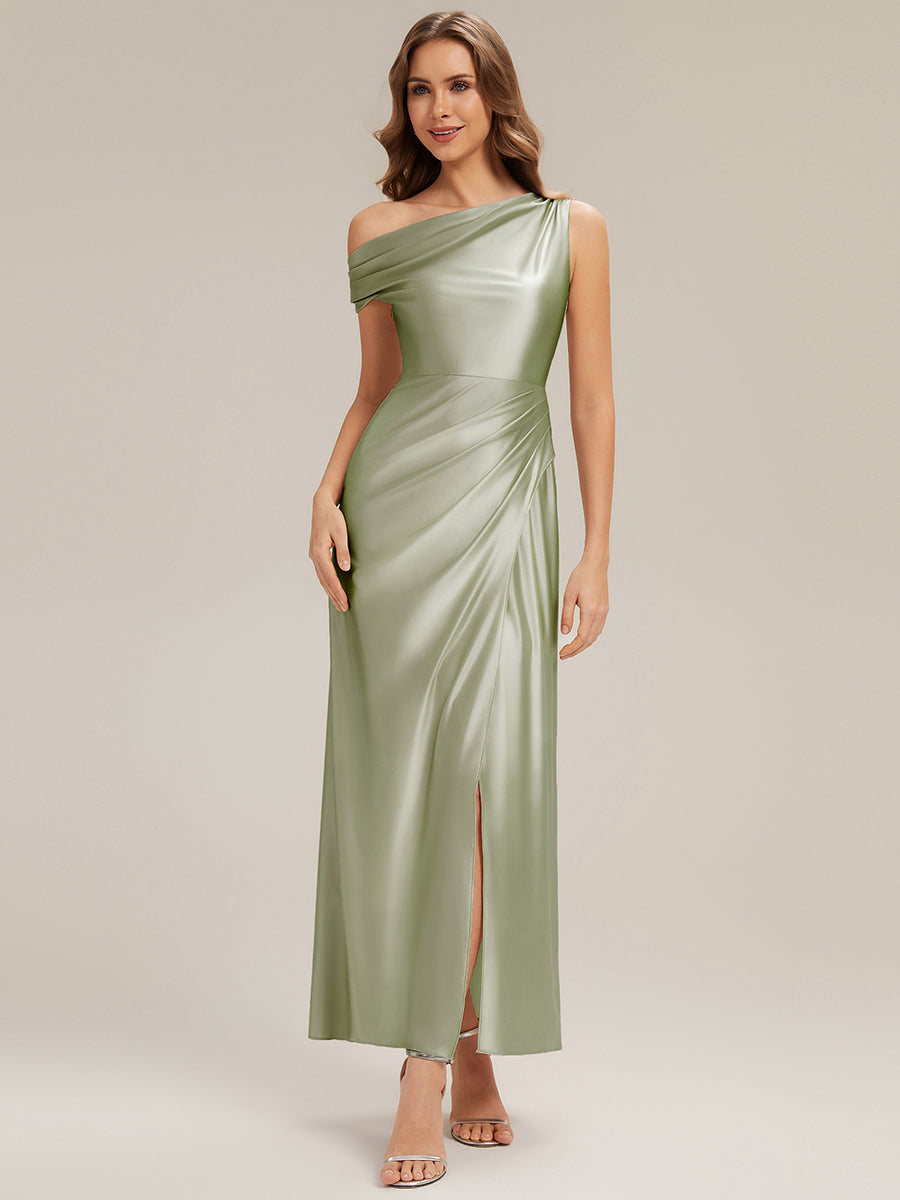 Knöchellanges Asymmetrisches Sheath Satin Kleid Mit Raffinierten Details Und Hohem Schlitz #Farbe_Salbeigrün