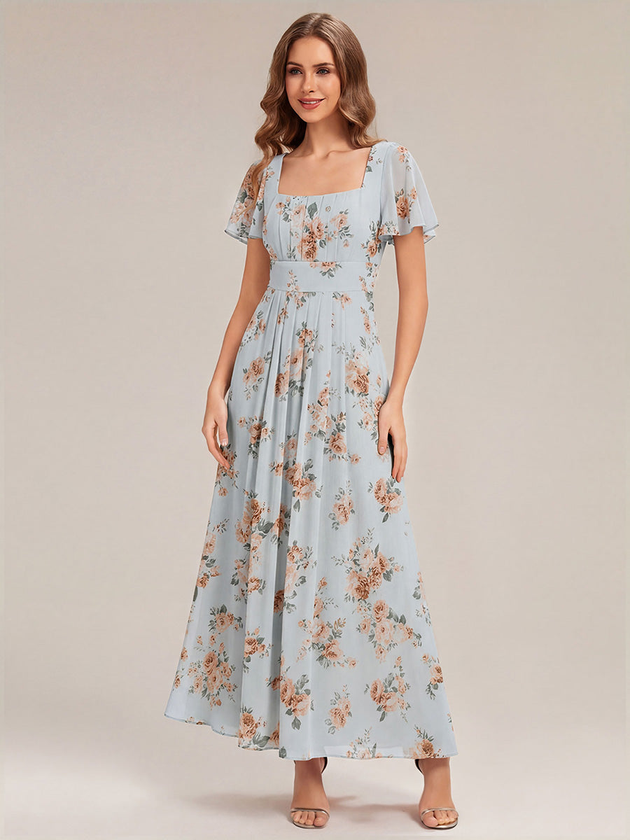 Kn?chellang A-Linien Chiffon Kleid Square Neck Raffung Gathered R¨¹ckenfrei Design #Farbe_Bernstein