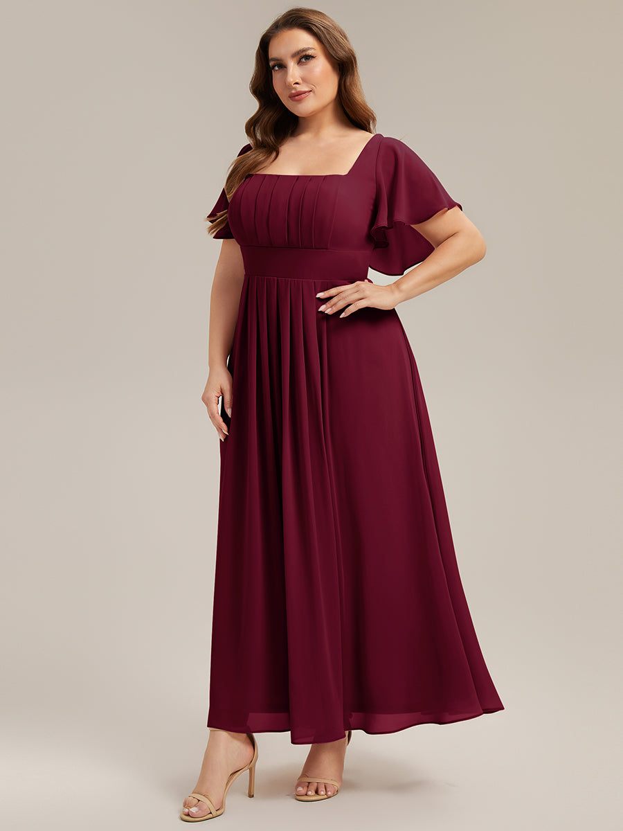 Kn?chellang A-Linien Chiffon Kleid Square Neck Raffung Gathered R¨¹ckenfrei Design #Farbe_Burgunderrot