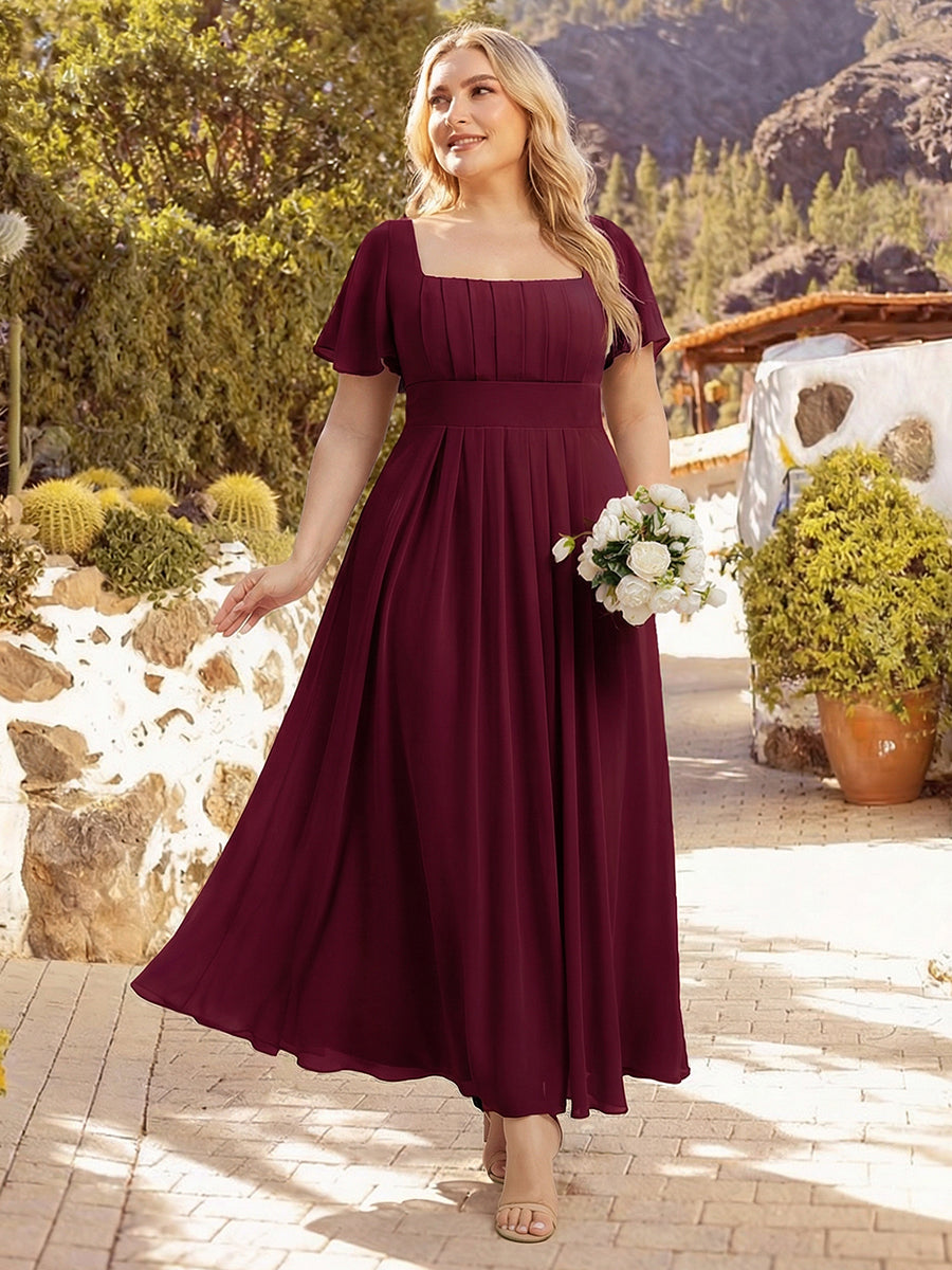 Kn?chellang A-Linien Chiffon Kleid Square Neck Raffung Gathered R¨¹ckenfrei Design #Farbe_Burgunderrot