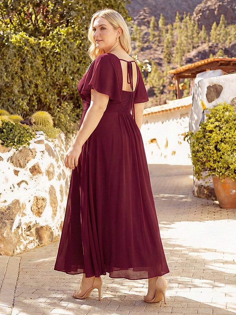 Kn?chellang A-Linien Chiffon Kleid Square Neck Raffung Gathered R¨¹ckenfrei Design #Farbe_Burgunderrot