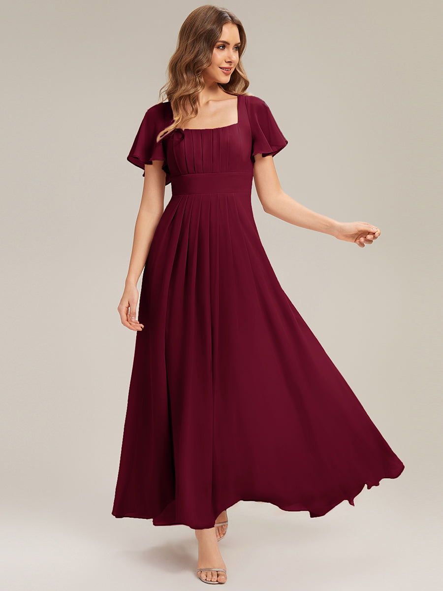 Kn?chellang A-Linien Chiffon Kleid Square Neck Raffung Gathered R¨¹ckenfrei Design #Farbe_Burgunderrot