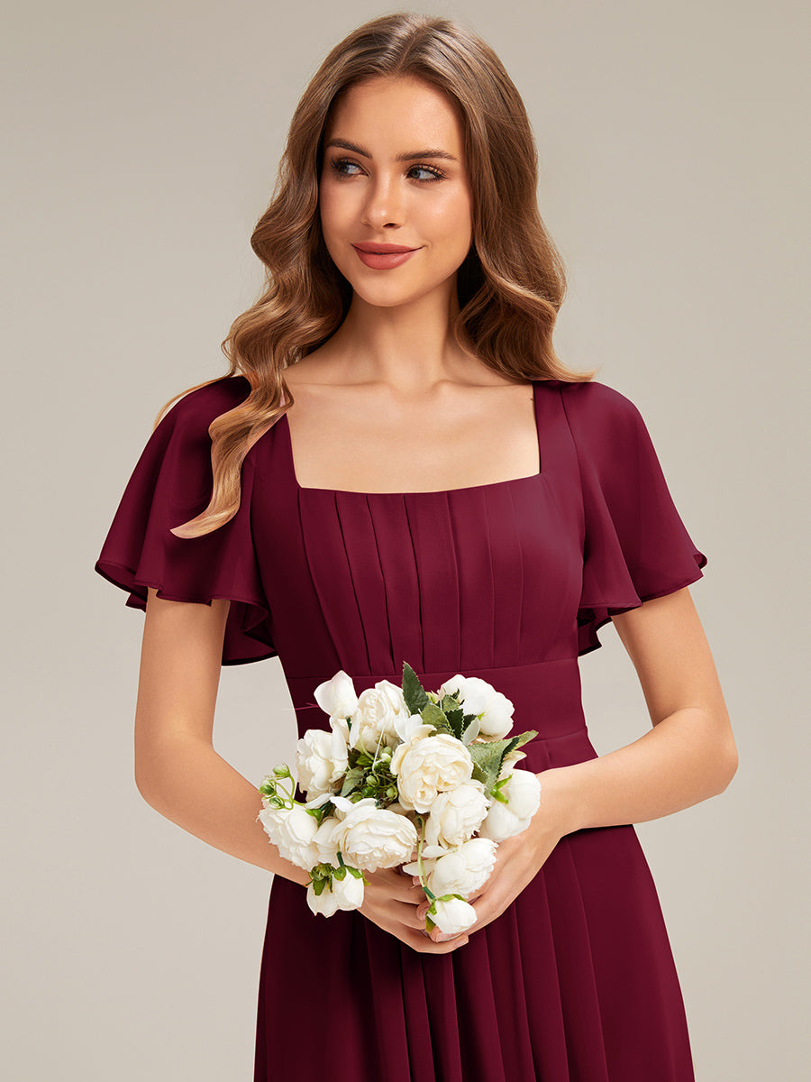 Kn?chellang A-Linien Chiffon Kleid Square Neck Raffung Gathered R¨¹ckenfrei Design #Farbe_Burgunderrot