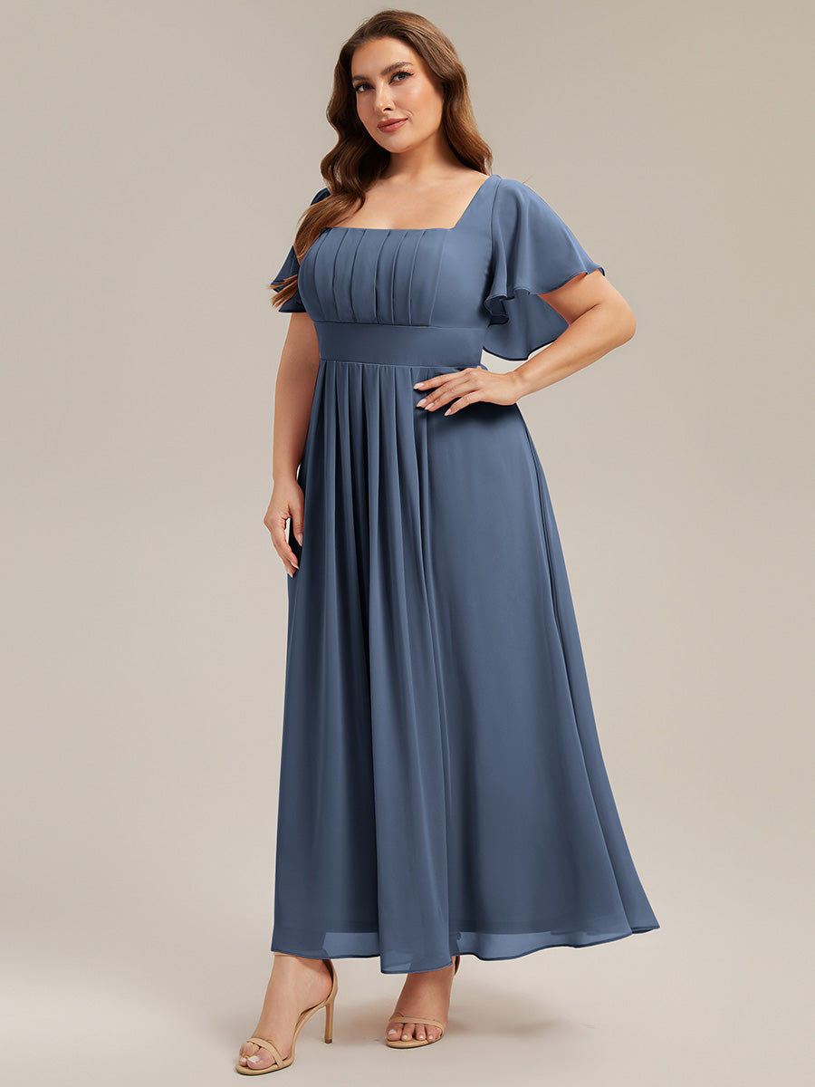 Kn?chellang A-Linien Chiffon Kleid Square Neck Raffung Gathered R¨¹ckenfrei Design #Farbe_Taubenblau