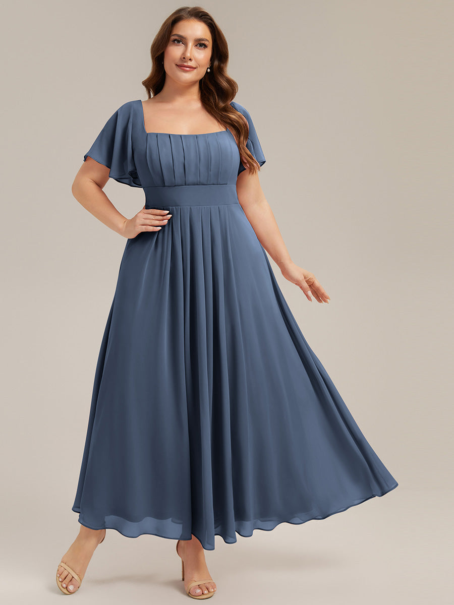 Kn?chellang A-Linien Chiffon Kleid Square Neck Raffung Gathered R¨¹ckenfrei Design #Farbe_Taubenblau