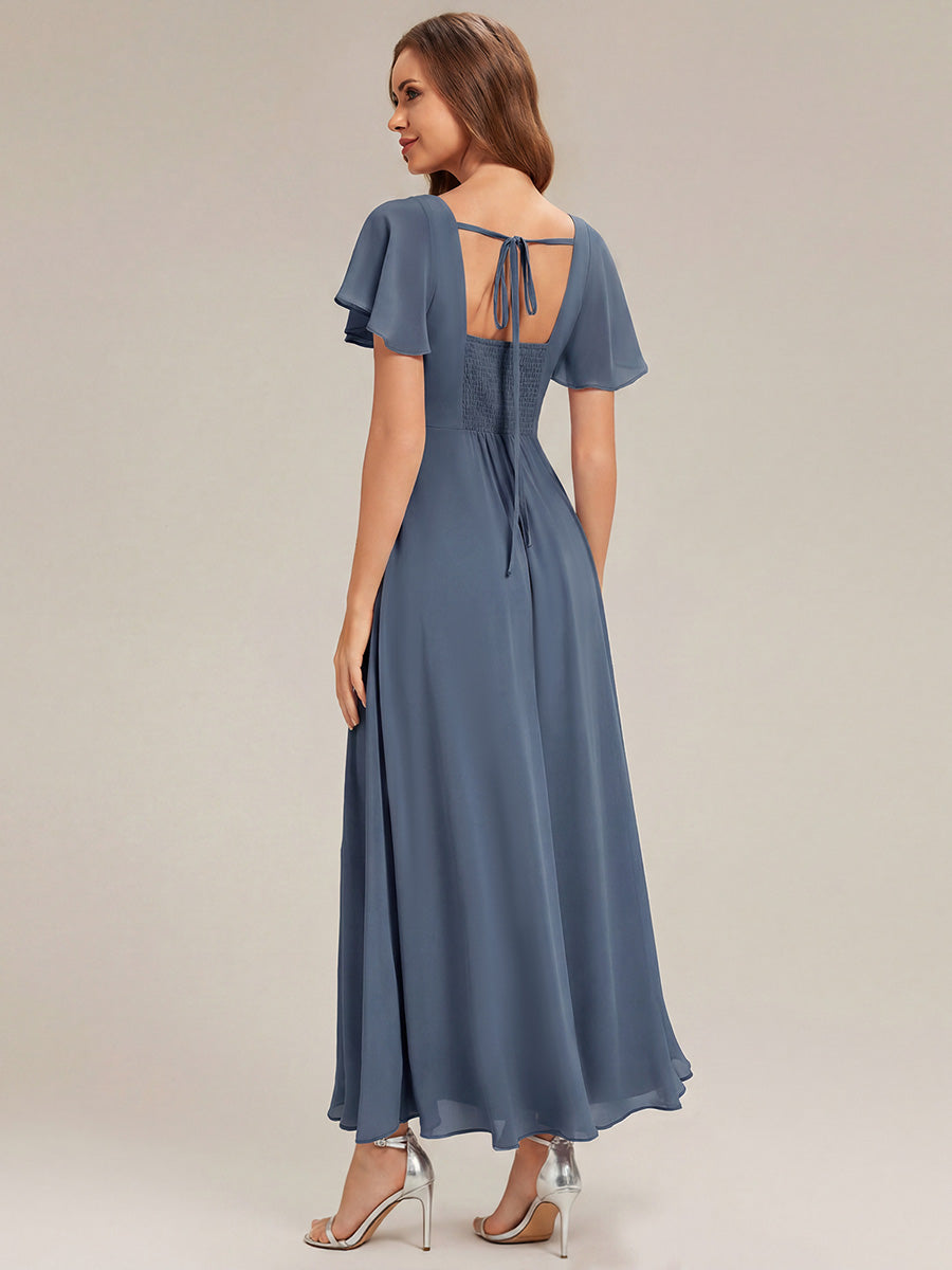 Kn?chellang A-Linien Chiffon Kleid Square Neck Raffung Gathered R¨¹ckenfrei Design #Farbe_Taubenblau