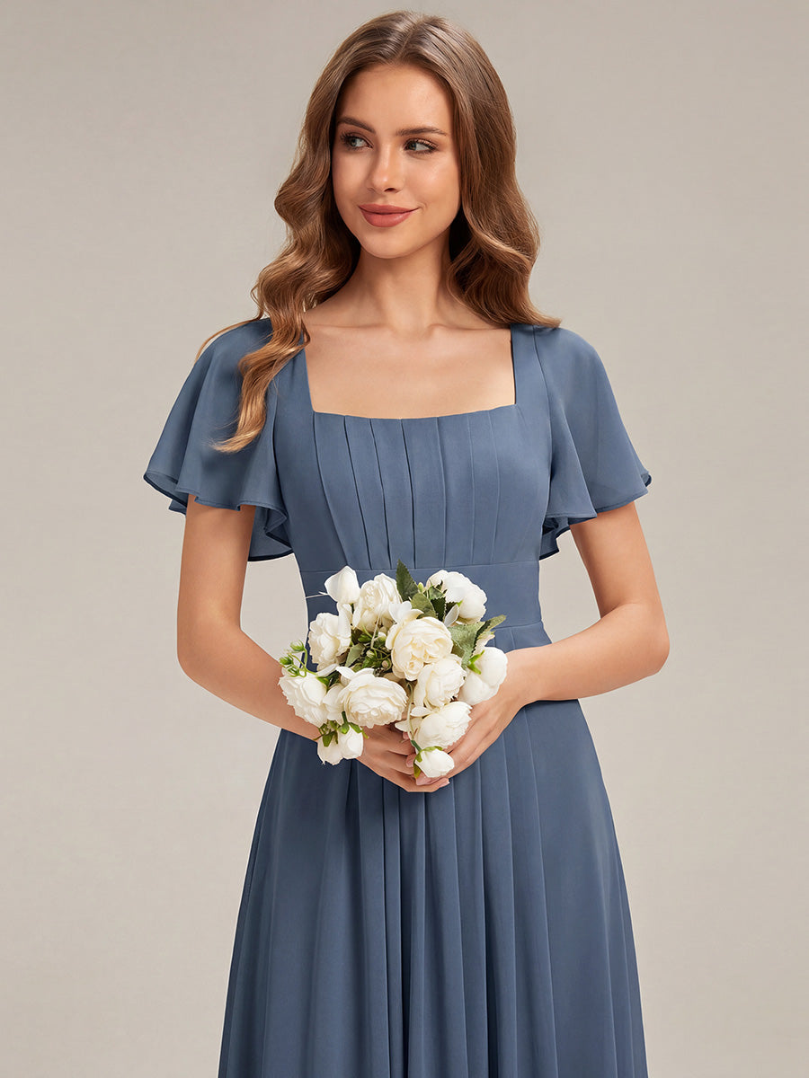 Kn?chellang A-Linien Chiffon Kleid Square Neck Raffung Gathered R¨¹ckenfrei Design #Farbe_Taubenblau