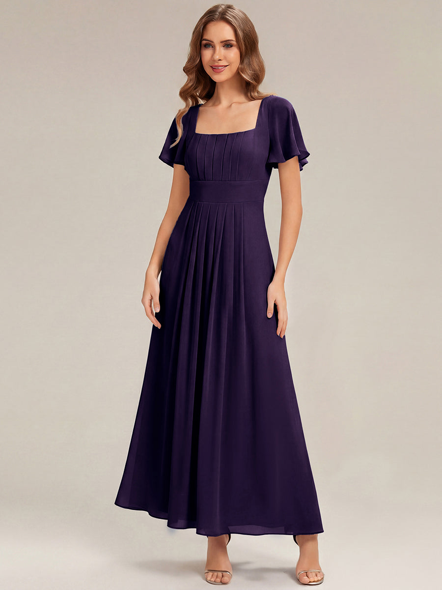 Kn?chellang A-Linien Chiffon Kleid Square Neck Raffung Gathered R¨¹ckenfrei Design #Farbe_Dunkelviolett