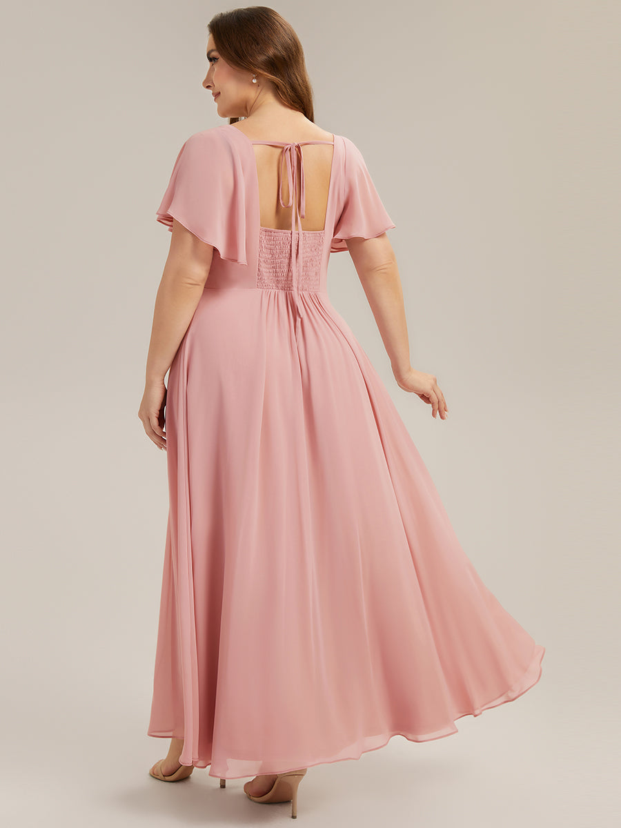 Kn?chellang A-Linien Chiffon Kleid Square Neck Raffung Gathered R¨¹ckenfrei Design #Farbe_Altrosa