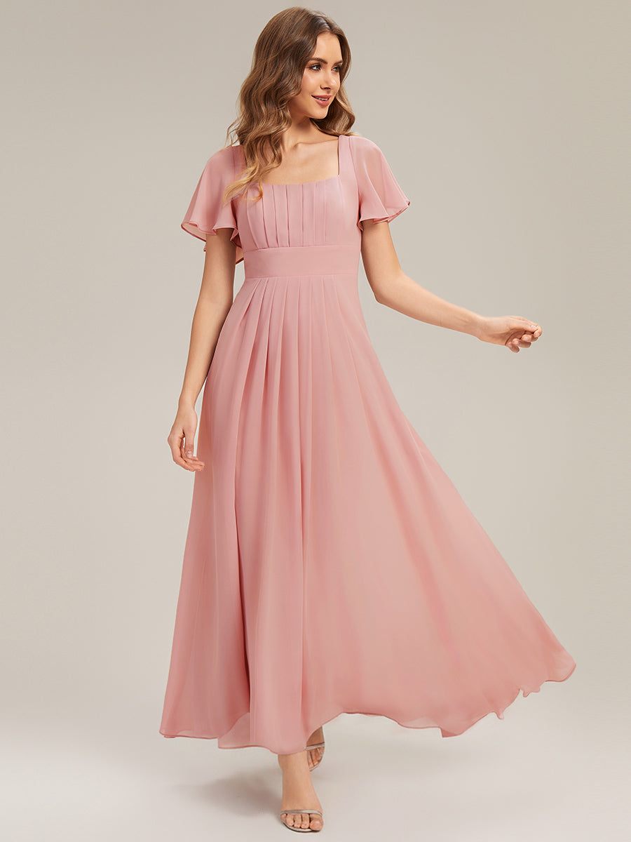 Kn?chellang A-Linien Chiffon Kleid Square Neck Raffung Gathered R¨¹ckenfrei Design #Farbe_Altrosa