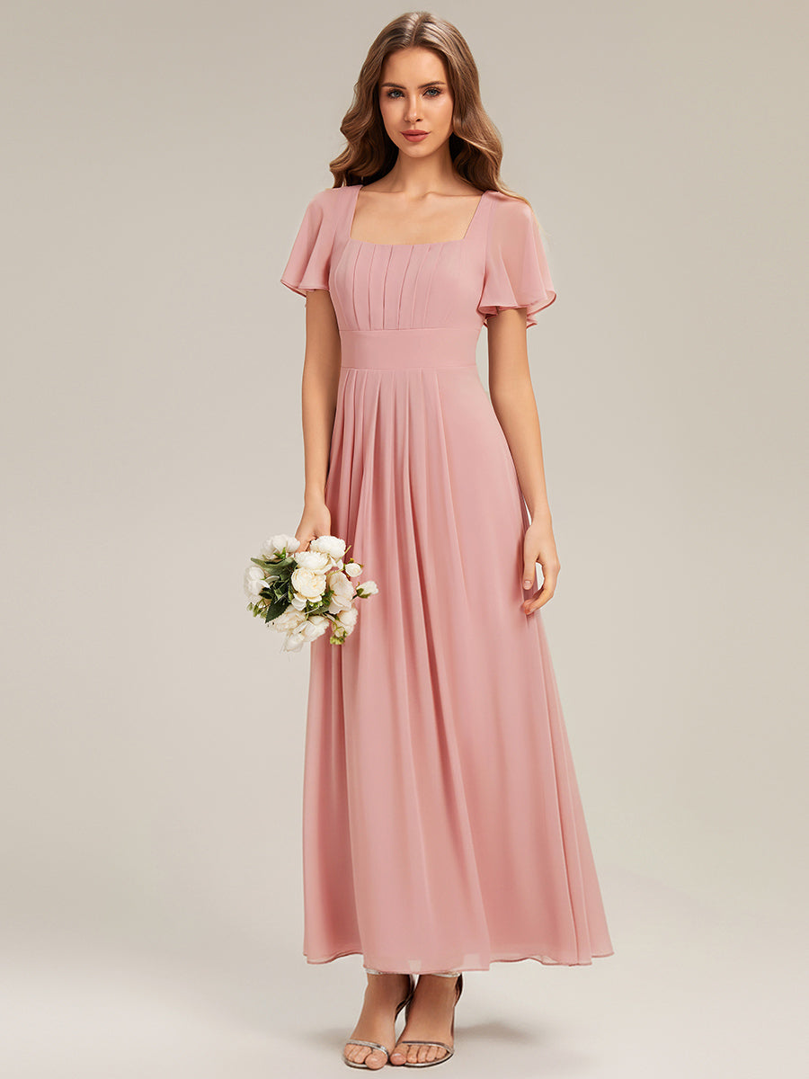 Kn?chellang A-Linien Chiffon Kleid Square Neck Raffung Gathered R¨¹ckenfrei Design #Farbe_Altrosa