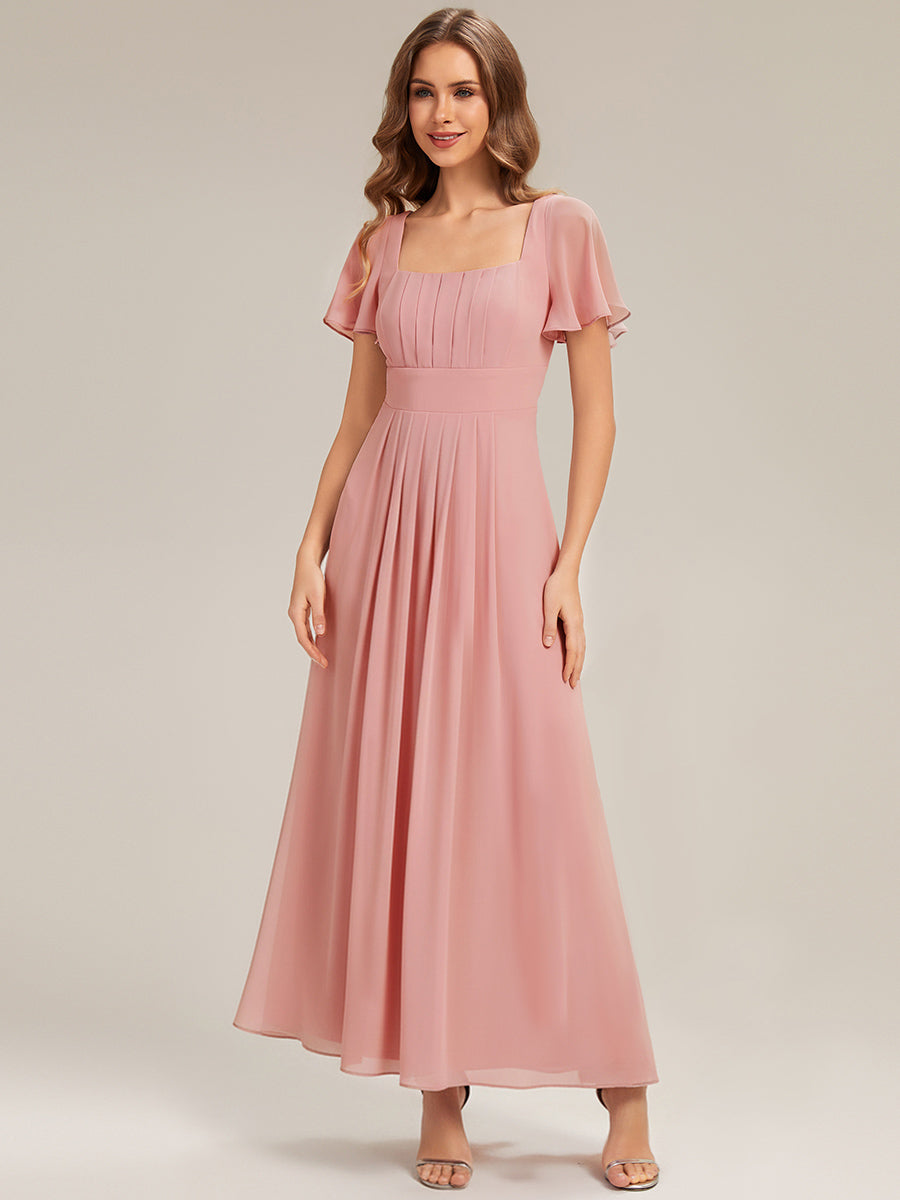 Kn?chellang A-Linien Chiffon Kleid Square Neck Raffung Gathered R¨¹ckenfrei Design #Farbe_Altrosa