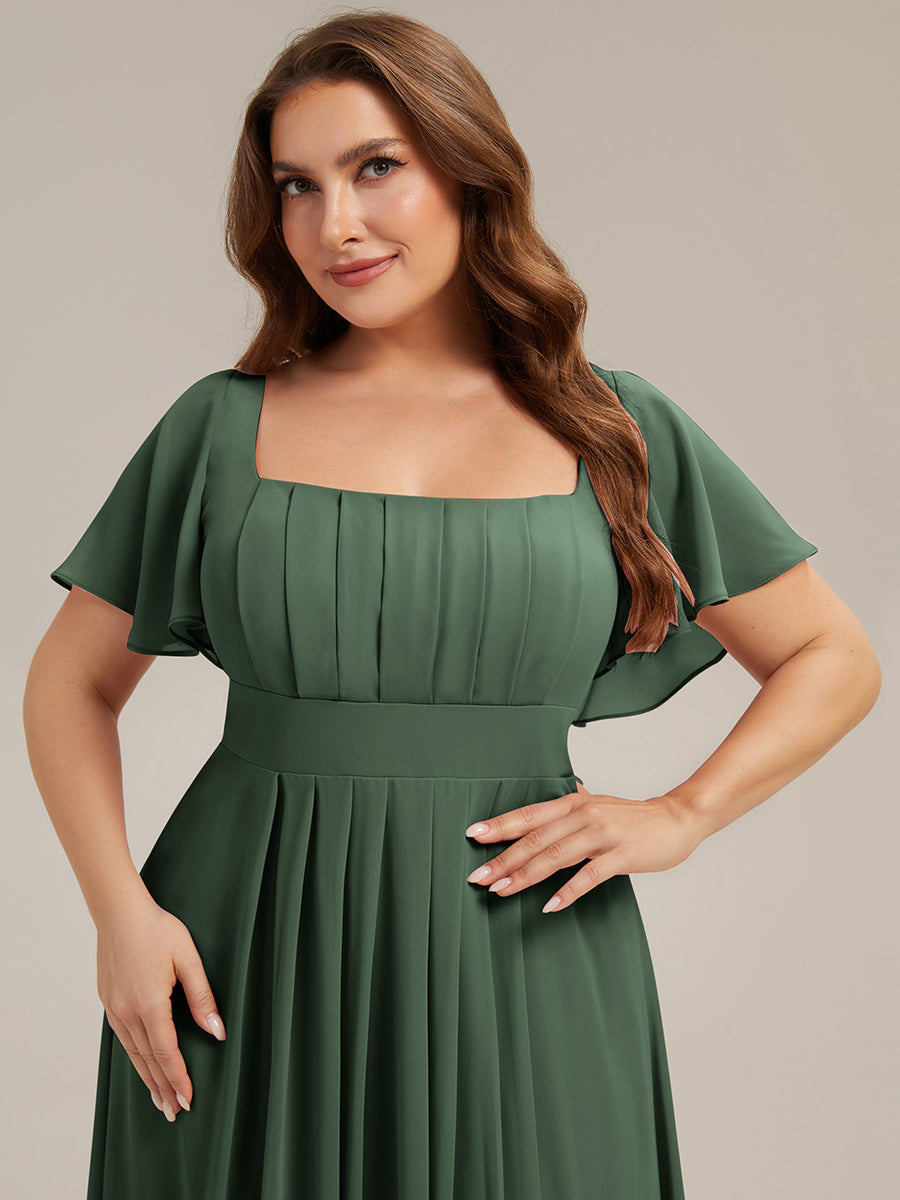 Kn?chellang A-Linien Chiffon Kleid Square Neck Raffung Gathered R¨¹ckenfrei Design #Farbe_Eukalyptus