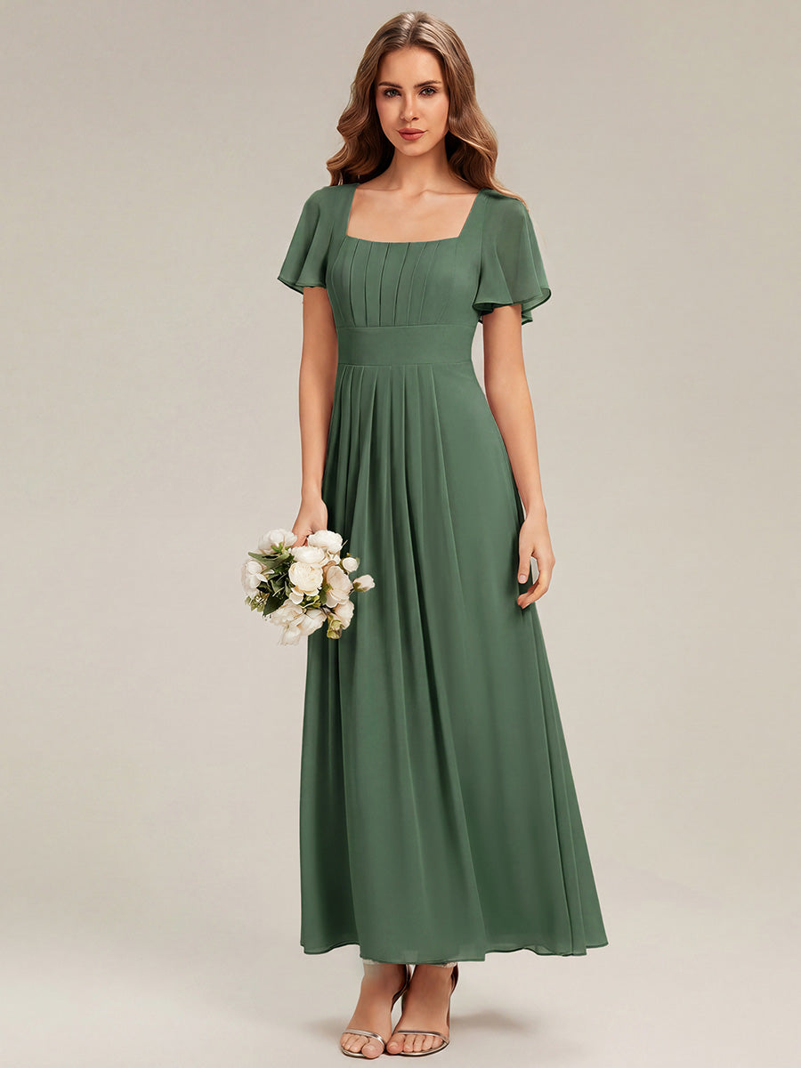 Kn?chellang A-Linien Chiffon Kleid Square Neck Raffung Gathered R¨¹ckenfrei Design #Farbe_Eukalyptus
