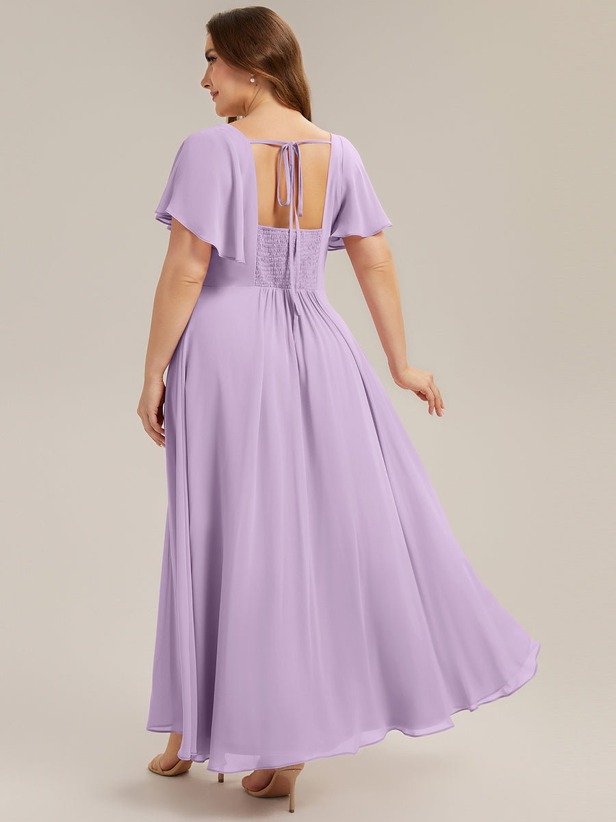 Kn?chellang A-Linien Chiffon Kleid Square Neck Raffung Gathered R¨¹ckenfrei Design #Farbe_Mattflieder