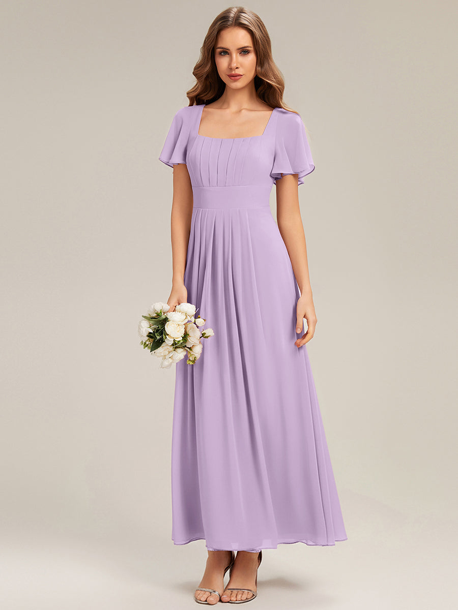 Kn?chellang A-Linien Chiffon Kleid Square Neck Raffung Gathered R¨¹ckenfrei Design #Farbe_Mattflieder