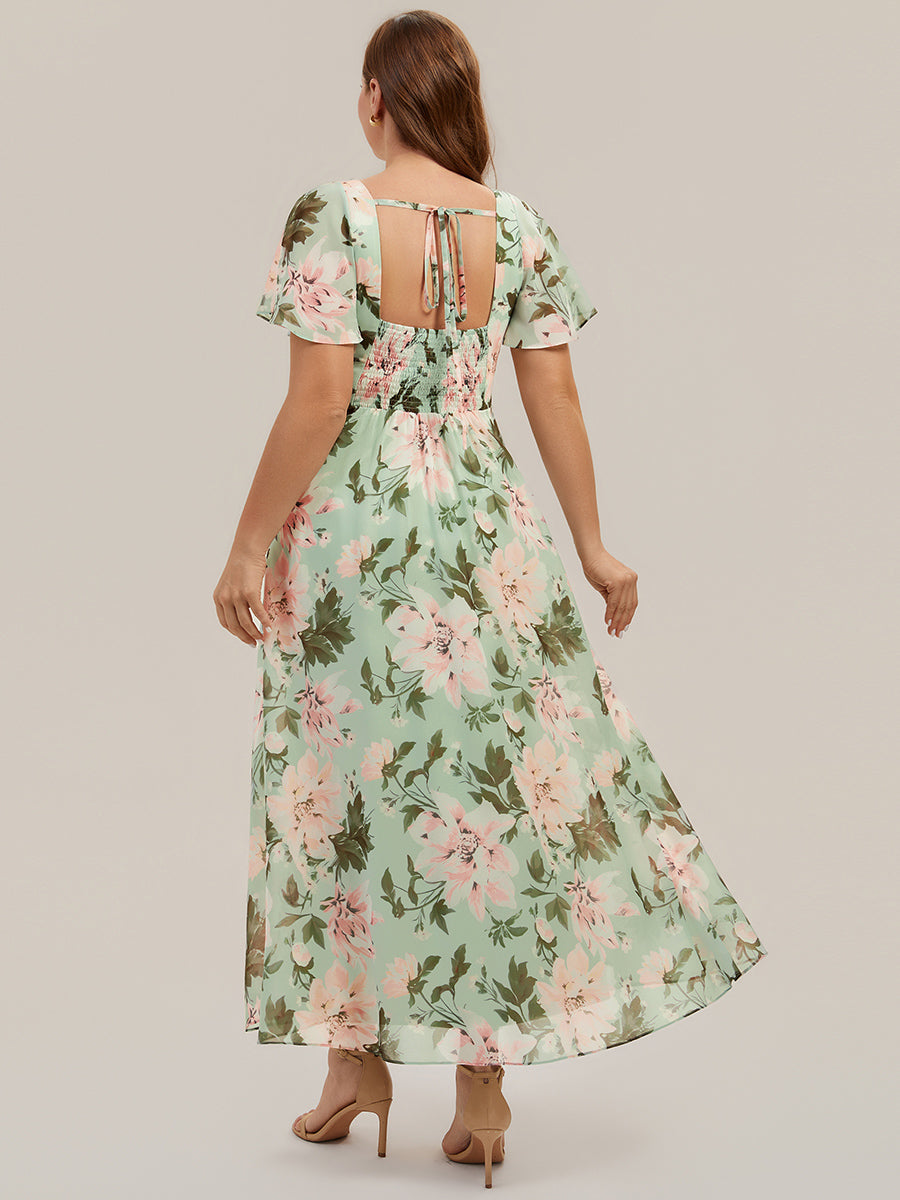Kn?chellang A-Linien Chiffon Kleid Square Neck Raffung Gathered R¨¹ckenfrei Design #Farbe_Grüne Blüten