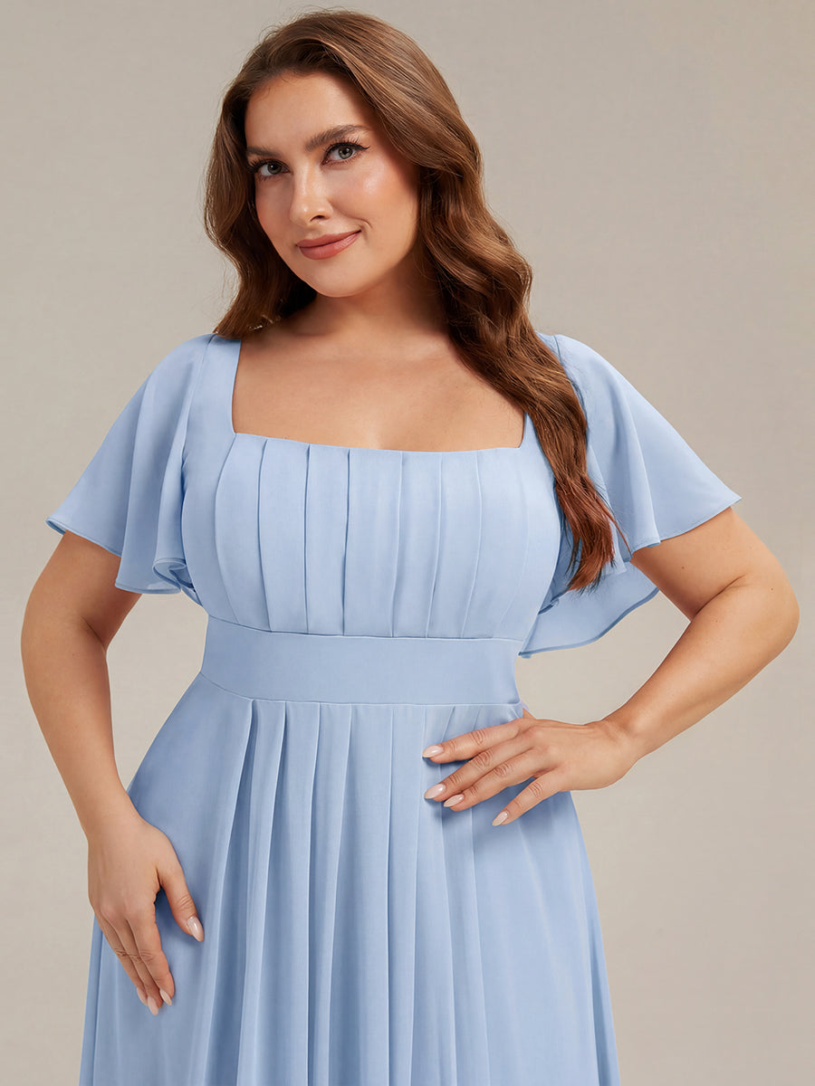 Kn?chellang A-Linien Chiffon Kleid Square Neck Raffung Gathered R¨¹ckenfrei Design #Farbe_Eisblau