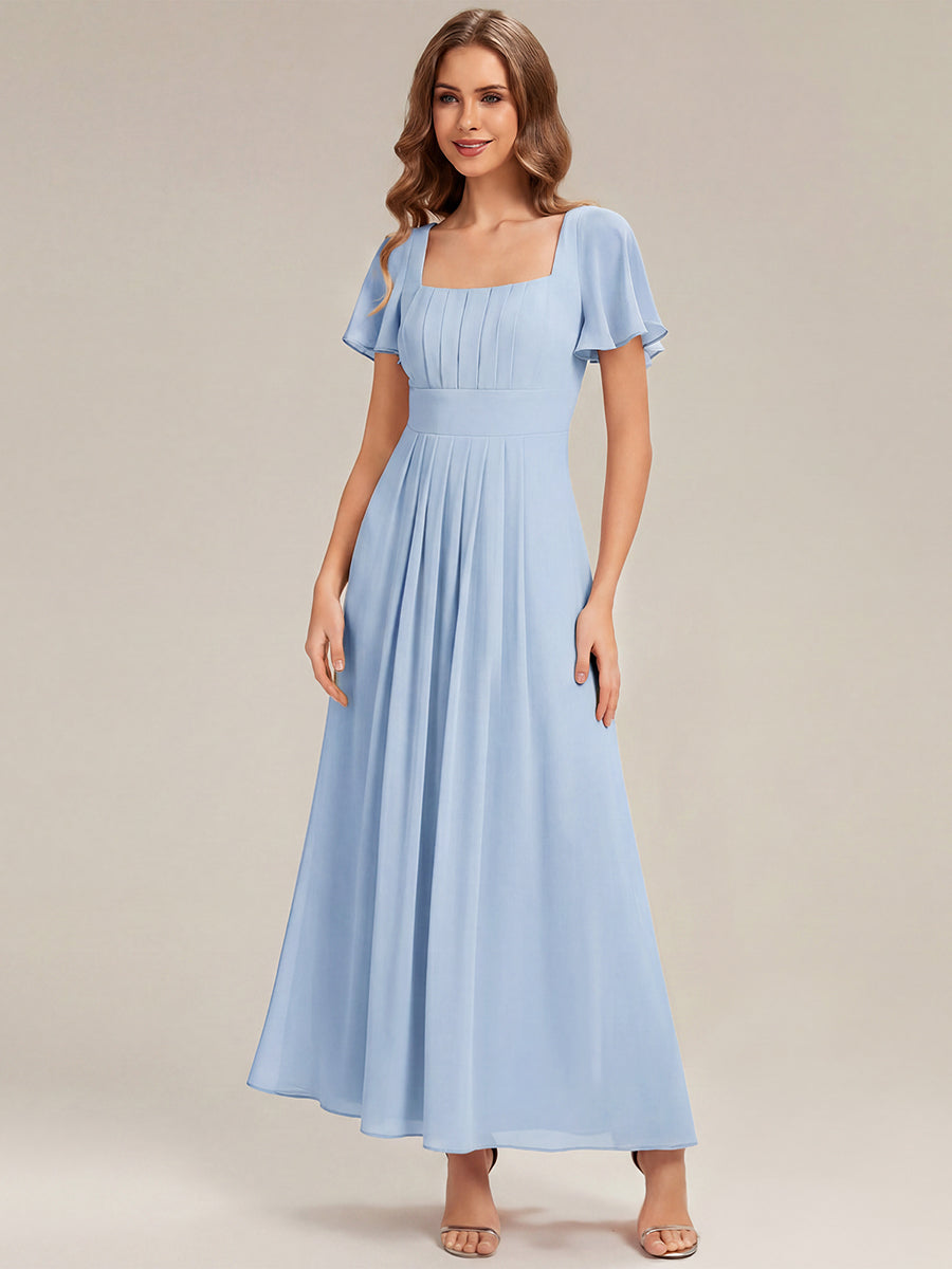 Kn?chellang A-Linien Chiffon Kleid Square Neck Raffung Gathered R¨¹ckenfrei Design #Farbe_Eisblau