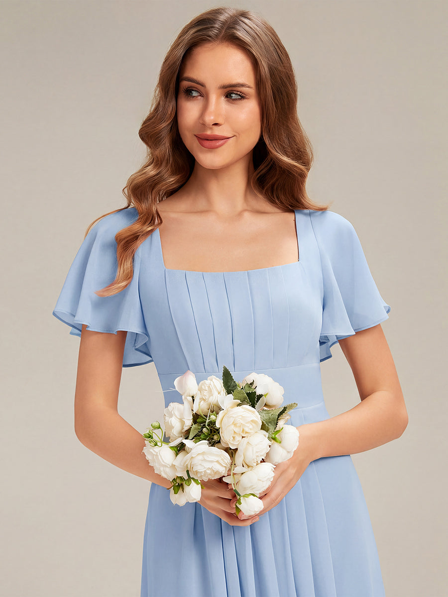 Kn?chellang A-Linien Chiffon Kleid Square Neck Raffung Gathered R¨¹ckenfrei Design #Farbe_Eisblau