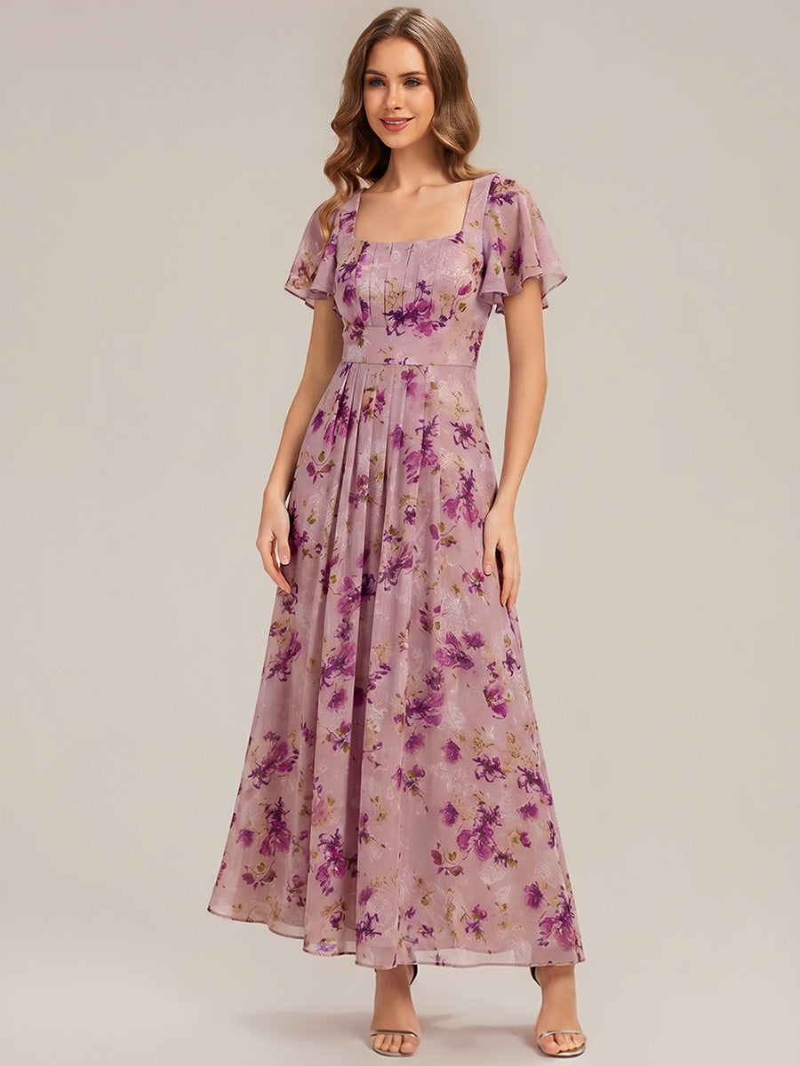 Kn?chellang A-Linien Chiffon Kleid Square Neck Raffung Gathered R¨¹ckenfrei Design #Farbe_Helllila mit Print