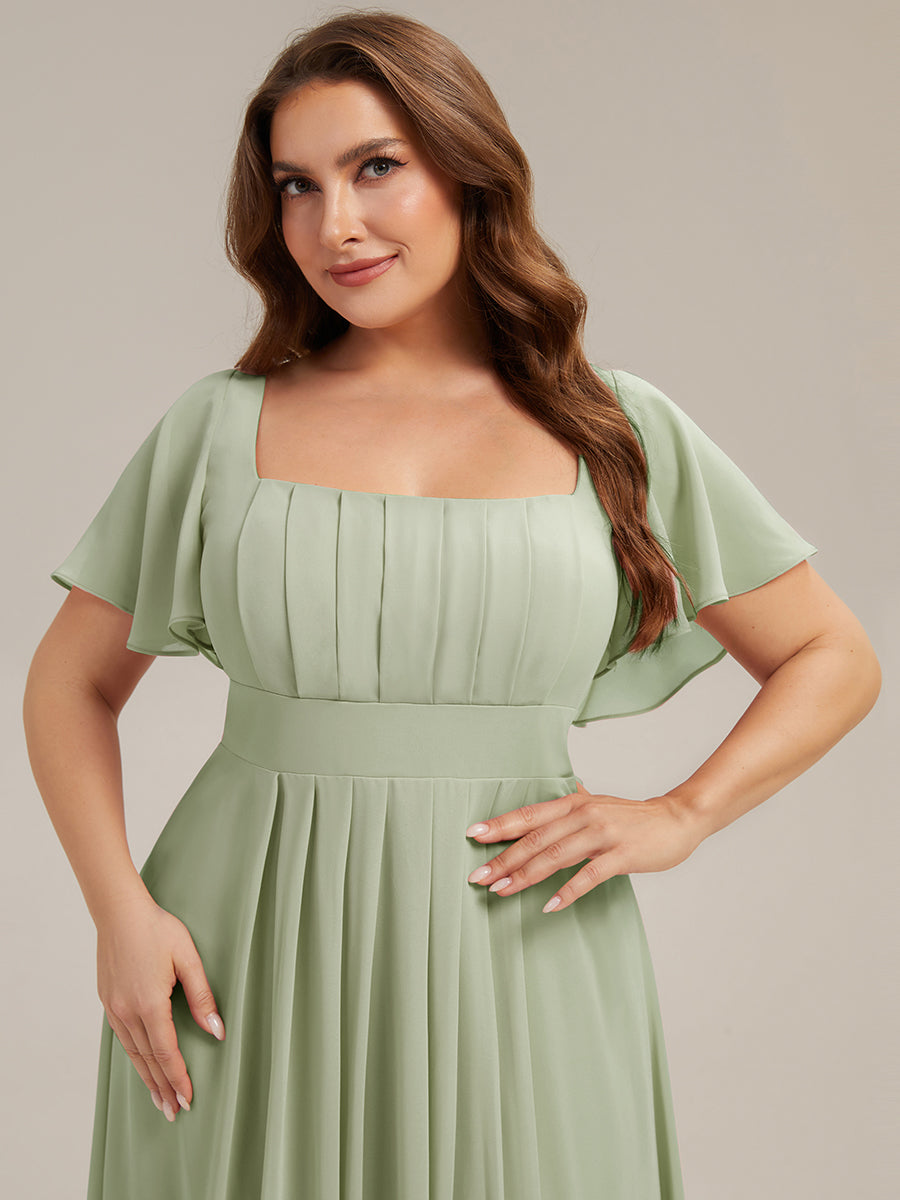 Kn?chellang A-Linien Chiffon Kleid Square Neck Raffung Gathered R¨¹ckenfrei Design #Farbe_Mintgrün