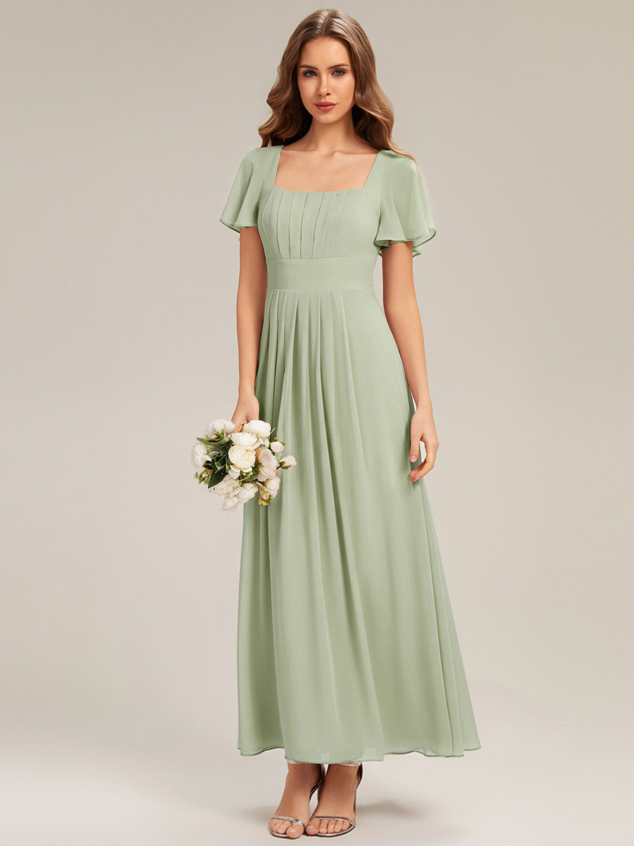 Kn?chellang A-Linien Chiffon Kleid Square Neck Raffung Gathered R¨¹ckenfrei Design #Farbe_Mintgrün
