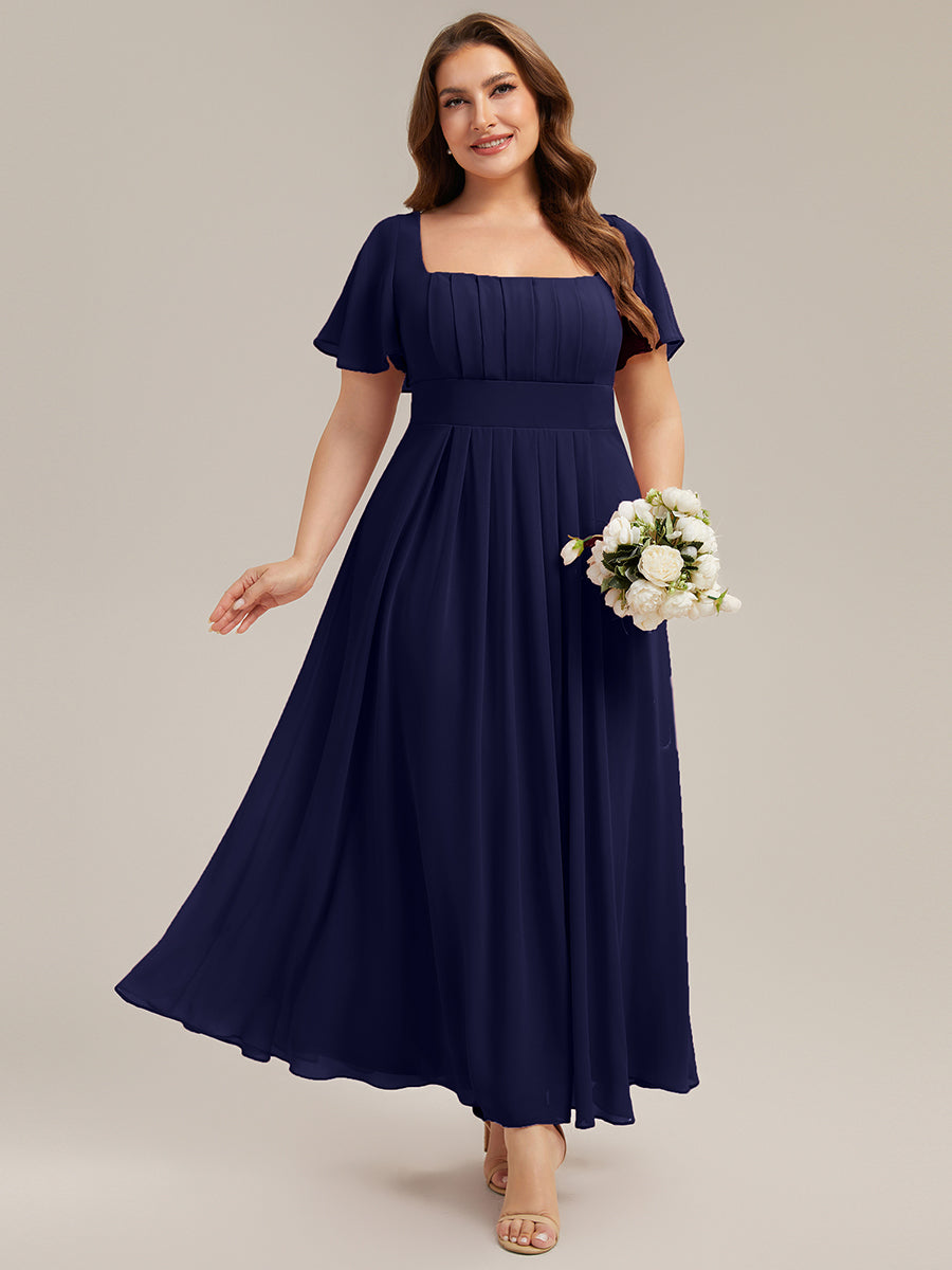 Kn?chellang A-Linien Chiffon Kleid Square Neck Raffung Gathered R¨¹ckenfrei Design #Farbe_Marineblau