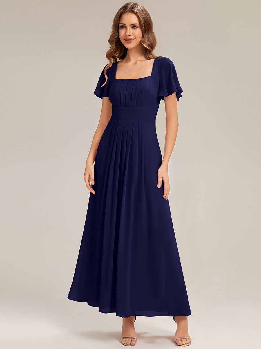 Kn?chellang A-Linien Chiffon Kleid Square Neck Raffung Gathered R¨¹ckenfrei Design #Farbe_Marineblau