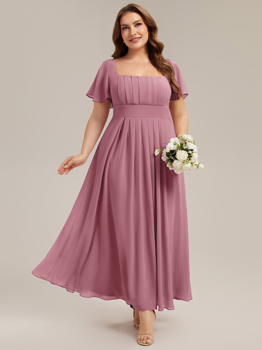 Kn?chellang A-Linien Chiffon Kleid Square Neck Raffung Gathered R¨¹ckenfrei Design #Farbe_Orchideenviolett