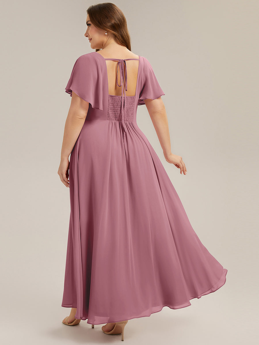 Kn?chellang A-Linien Chiffon Kleid Square Neck Raffung Gathered R¨¹ckenfrei Design #Farbe_Orchideenviolett