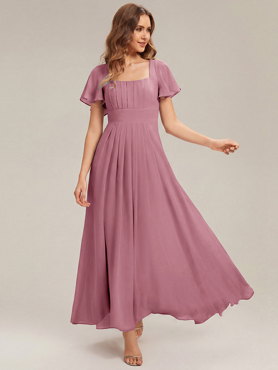 Kn?chellang A-Linien Chiffon Kleid Square Neck Raffung Gathered R¨¹ckenfrei Design #Farbe_Orchideenviolett