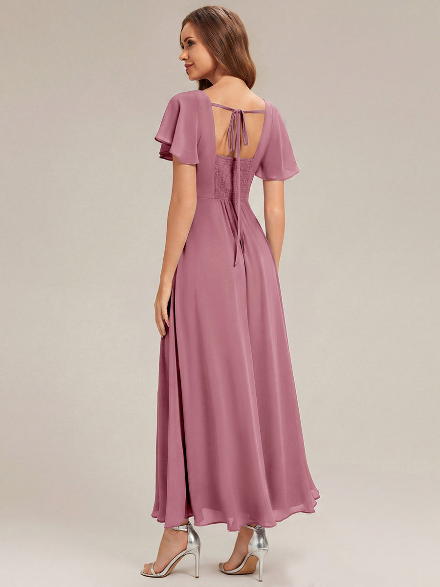 Kn?chellang A-Linien Chiffon Kleid Square Neck Raffung Gathered R¨¹ckenfrei Design #Farbe_Orchideenviolett