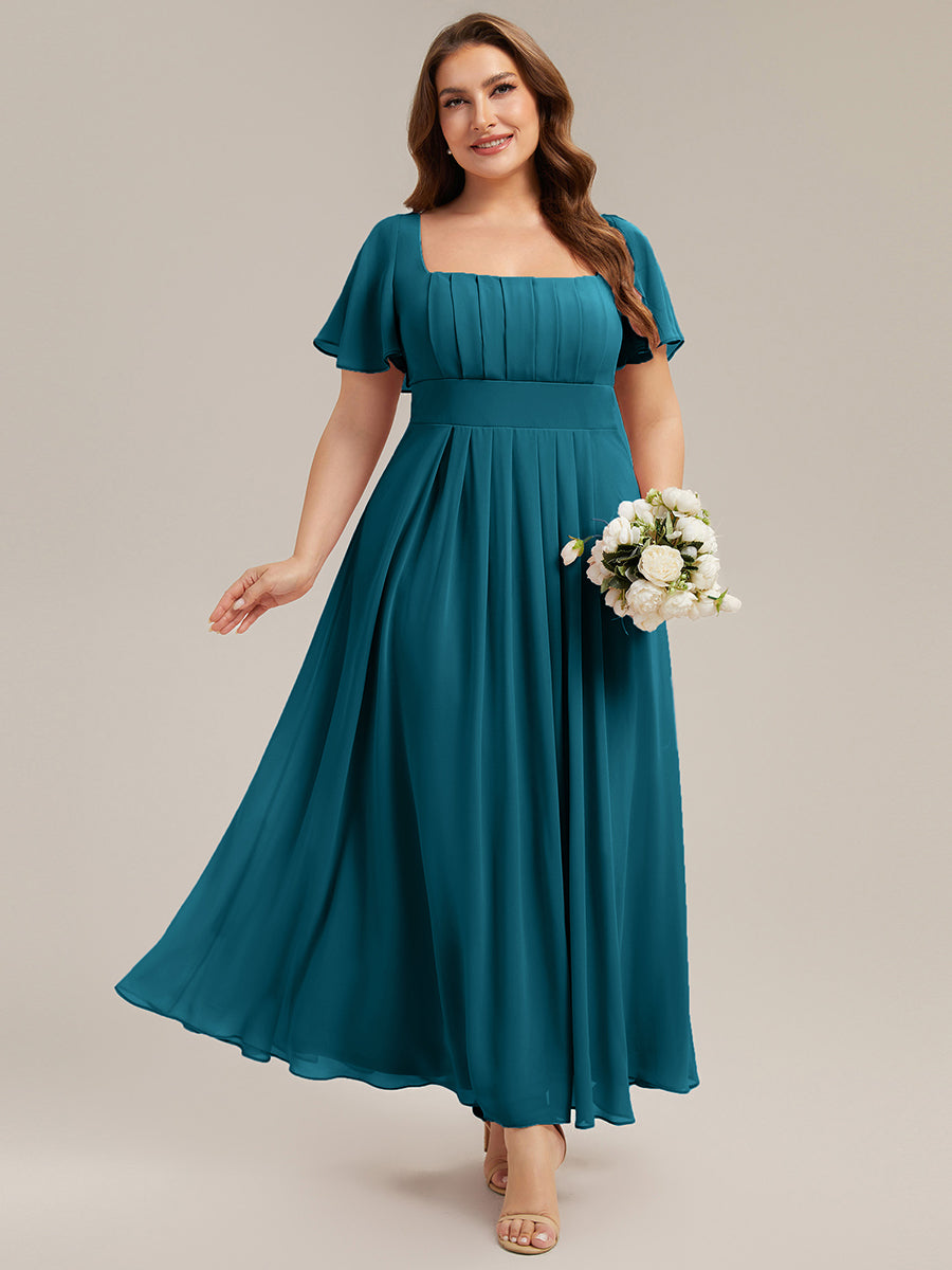 Kn?chellang A-Linien Chiffon Kleid Square Neck Raffung Gathered R¨¹ckenfrei Design #Farbe_Petrol