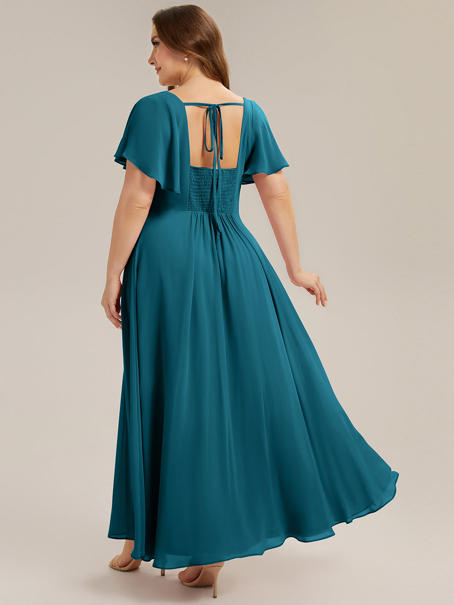 Kn?chellang A-Linien Chiffon Kleid Square Neck Raffung Gathered R¨¹ckenfrei Design #Farbe_Petrol