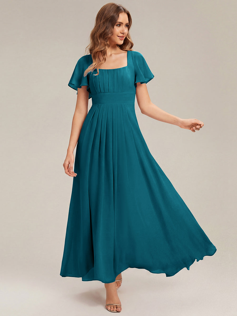 Kn?chellang A-Linien Chiffon Kleid Square Neck Raffung Gathered R¨¹ckenfrei Design #Farbe_Petrol