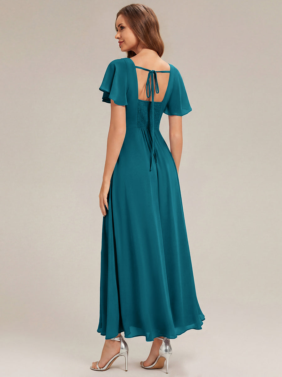 Kn?chellang A-Linien Chiffon Kleid Square Neck Raffung Gathered R¨¹ckenfrei Design #Farbe_Petrol