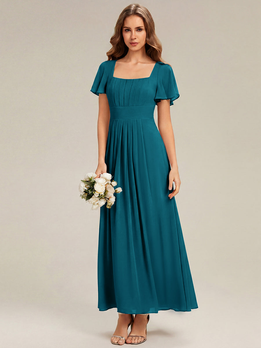 Kn?chellang A-Linien Chiffon Kleid Square Neck Raffung Gathered R¨¹ckenfrei Design #Farbe_Petrol