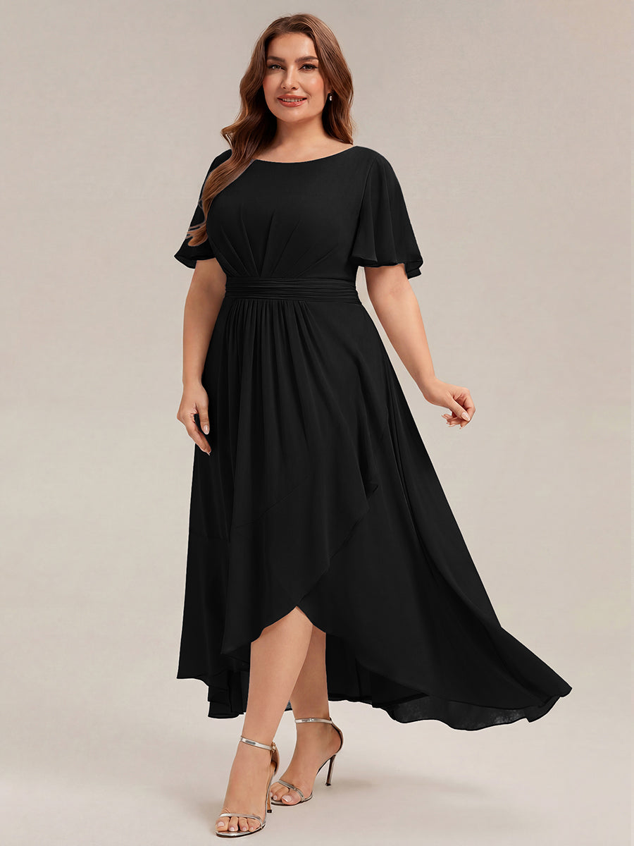 High-Low Chiffon Kleid Mit Rundhalsausschnitt Asymmetrischem Saum Gerüschten Und Rüschen Details Faltenoptik #Farbe_Schwarz