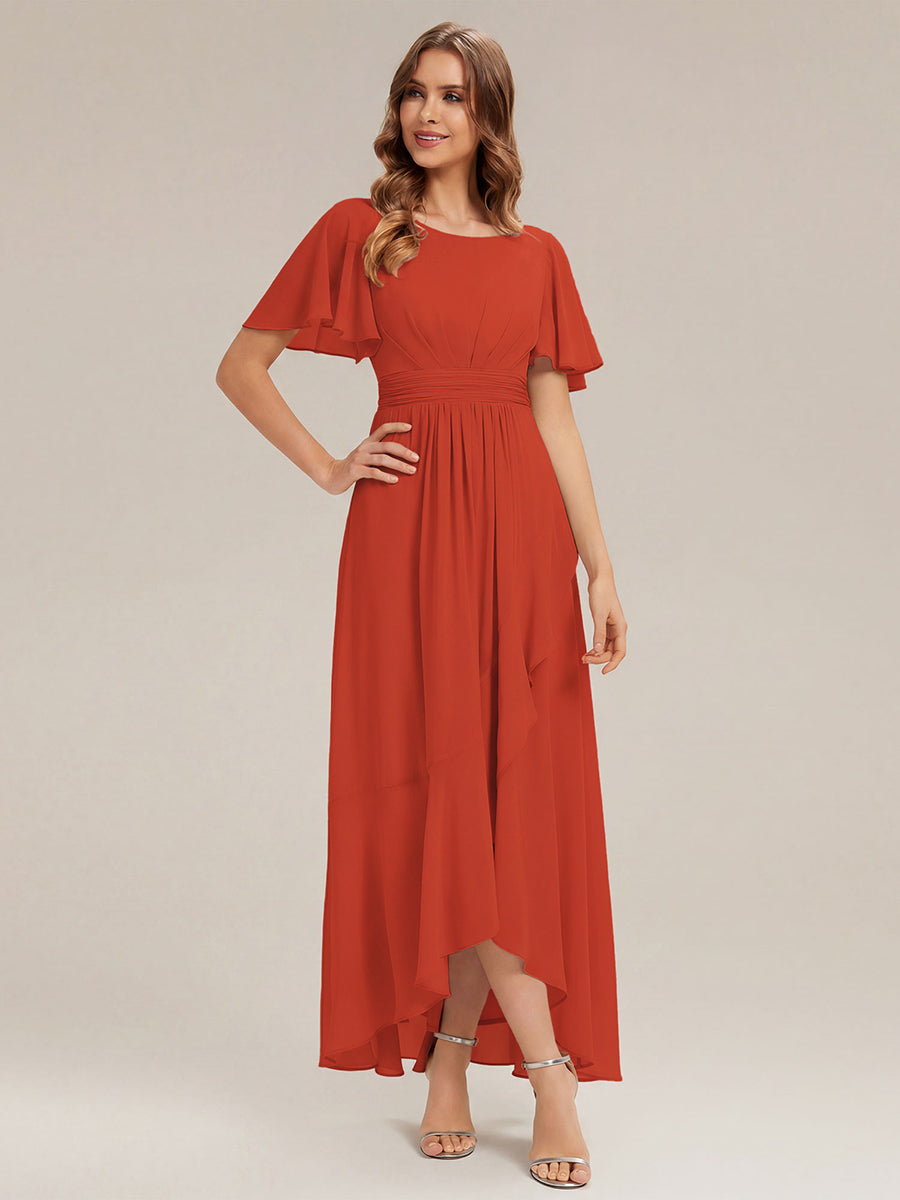 High-Low Chiffon Kleid Mit Rundhalsausschnitt Asymmetrischem Saum Gerüschten Und Rüschen Details Faltenoptik #Farbe_Gebranntes Orange