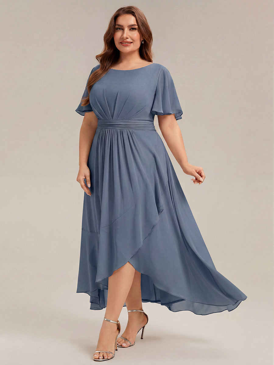 High-Low Chiffon Kleid Mit Rundhalsausschnitt Asymmetrischem Saum Gerüschten Und Rüschen Details Faltenoptik #Farbe_Taubenblau