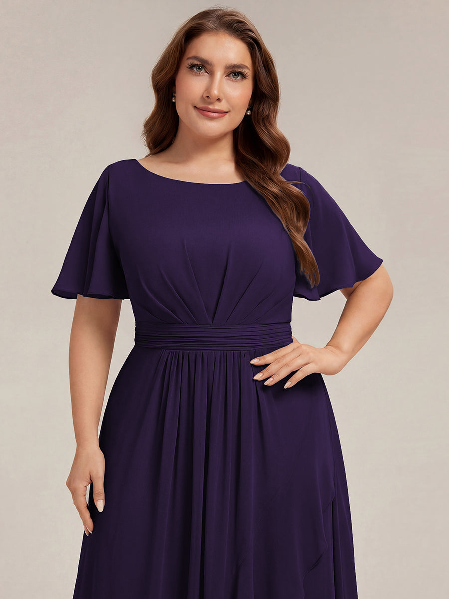 High-Low Chiffon Kleid Mit Rundhalsausschnitt Asymmetrischem Saum Gerüschten Und Rüschen Details Faltenoptik #Farbe_Dunkelviolett