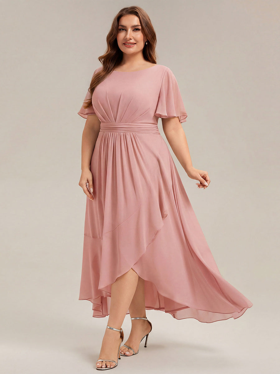 High-Low Chiffon Kleid Mit Rundhalsausschnitt Asymmetrischem Saum Gerüschten Und Rüschen Details Faltenoptik #Farbe_Altrosa
