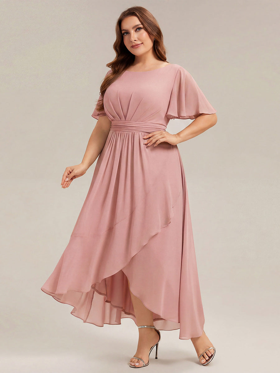 High-Low Chiffon Kleid Mit Rundhalsausschnitt Asymmetrischem Saum Gerüschten Und Rüschen Details Faltenoptik #Farbe_Altrosa