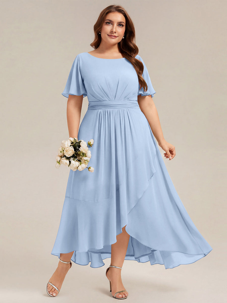 High-Low Chiffon Kleid Mit Rundhalsausschnitt Asymmetrischem Saum Gerüschten Und Rüschen Details Faltenoptik #Farbe_Eisblau