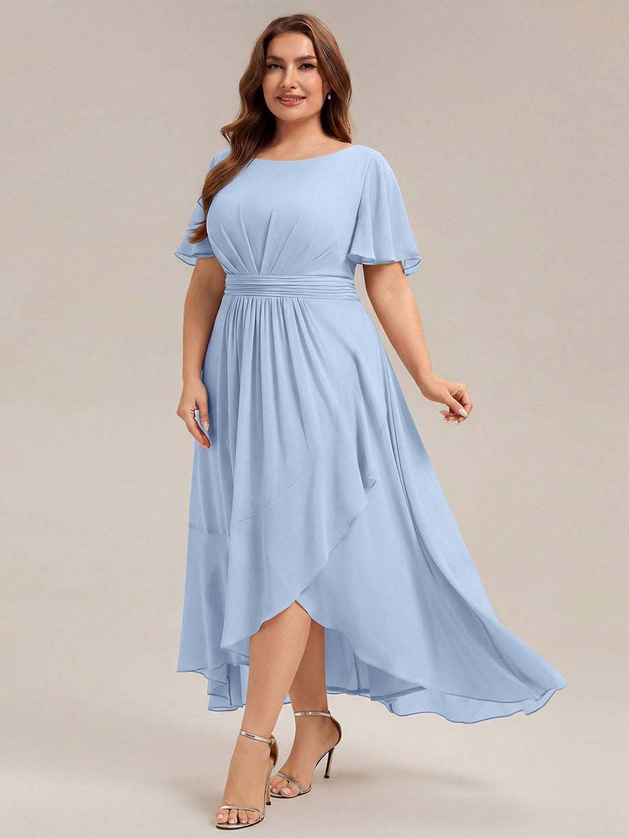 High-Low Chiffon Kleid Mit Rundhalsausschnitt Asymmetrischem Saum Gerüschten Und Rüschen Details Faltenoptik #Farbe_Eisblau
