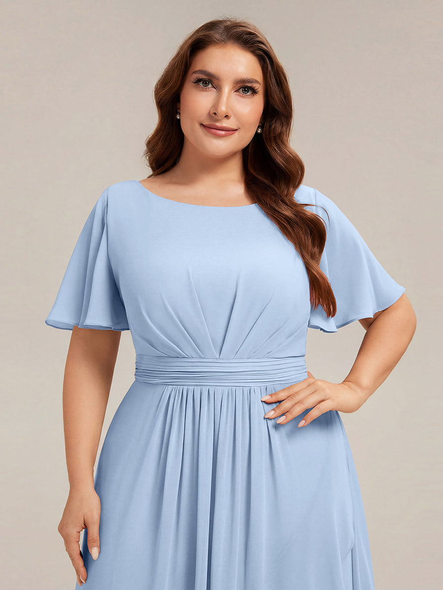 High-Low Chiffon Kleid Mit Rundhalsausschnitt Asymmetrischem Saum Gerüschten Und Rüschen Details Faltenoptik #Farbe_Eisblau